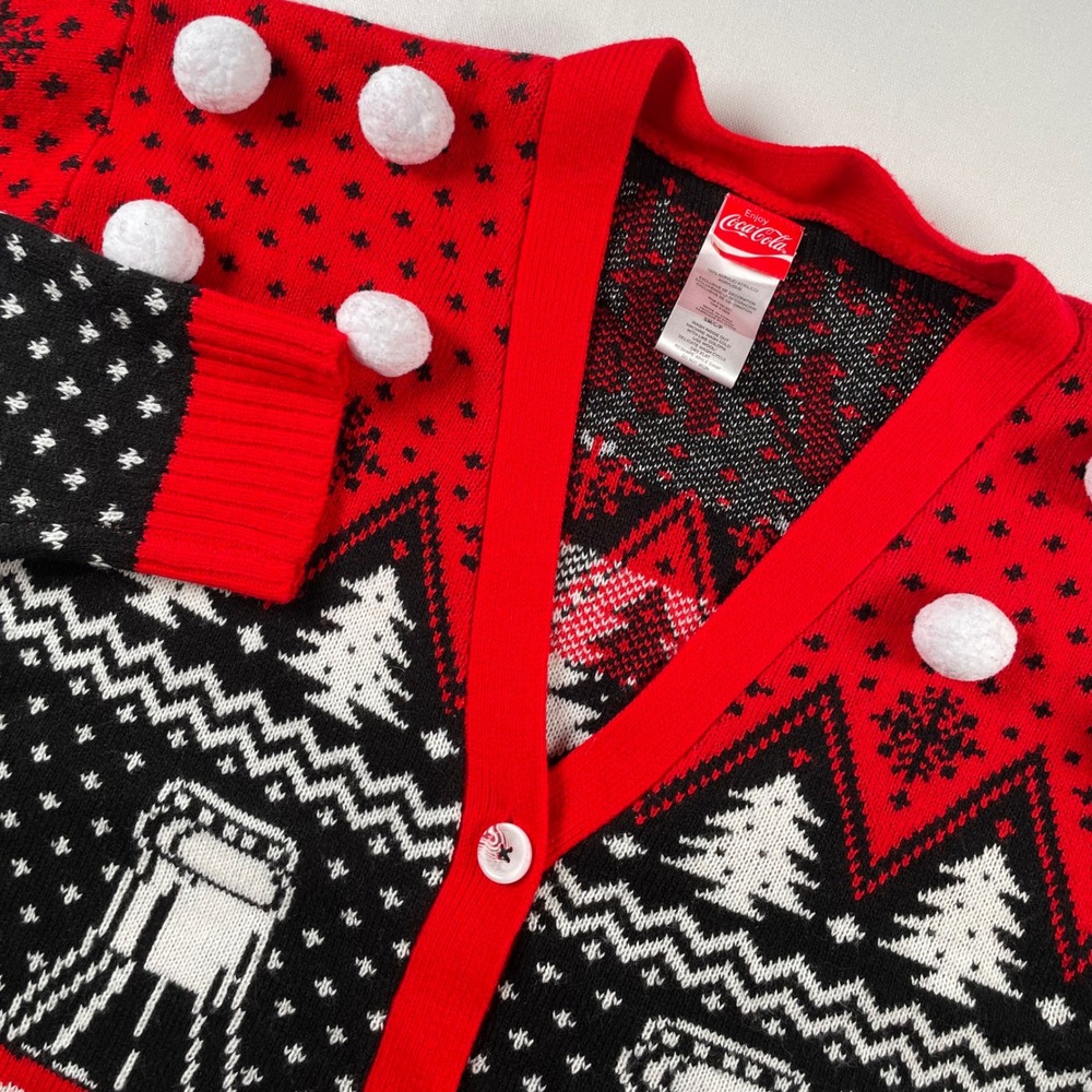 Coca-Cola Polar Bear Ugly Christmas Sweater Cardigan Red Black‎ Pom Poms Small